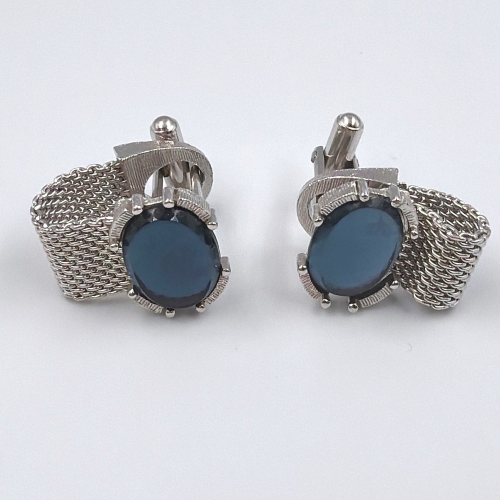 1970 Vintage Swank Blue Cabochon Cufflinks Silver Tone Mesh Wrap Retro Mod Mens